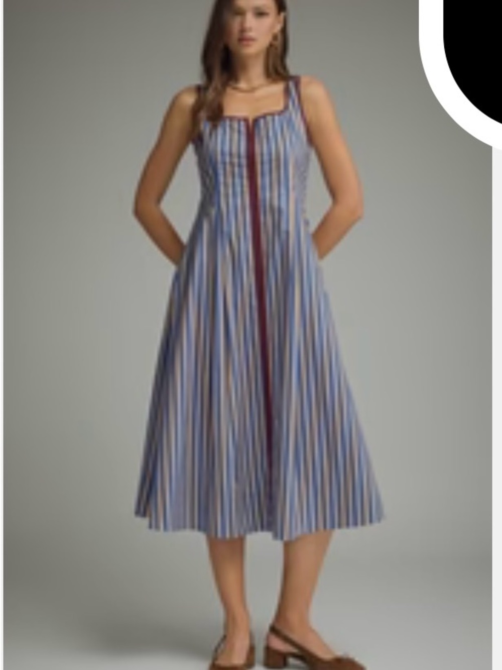 entro Blue Multi-Stripe Square Neck Midi Dress with Contrast Trim